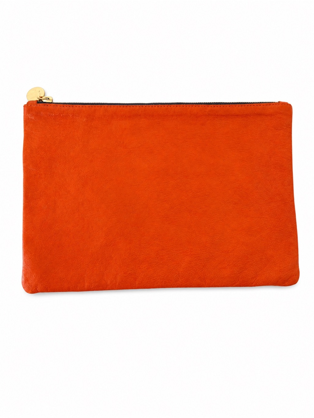Clare V. Los Angeles Orange Leather Zip Clutch Pouch Wristlet Gold Hardware